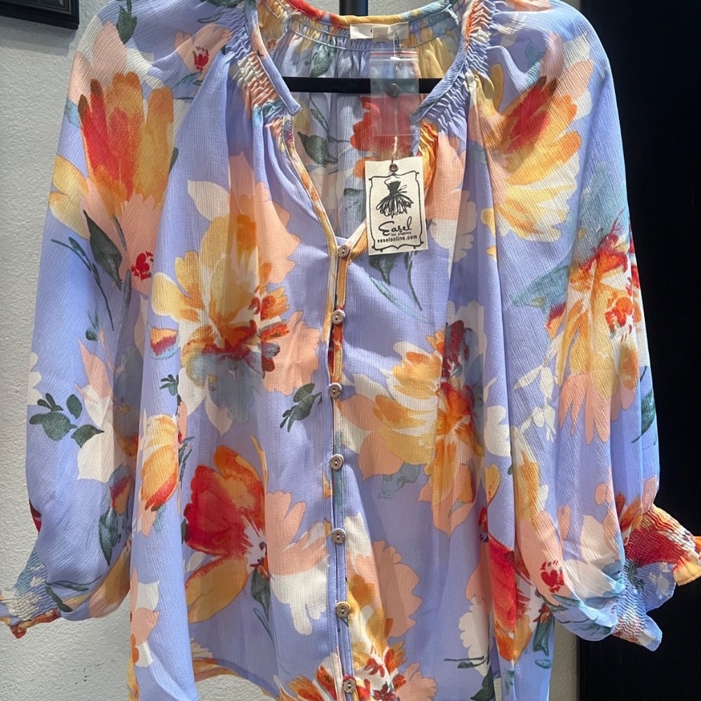 easel Floral Button-Front Blouse in Lavender, Yellow, Orange - Picture 8 of 11